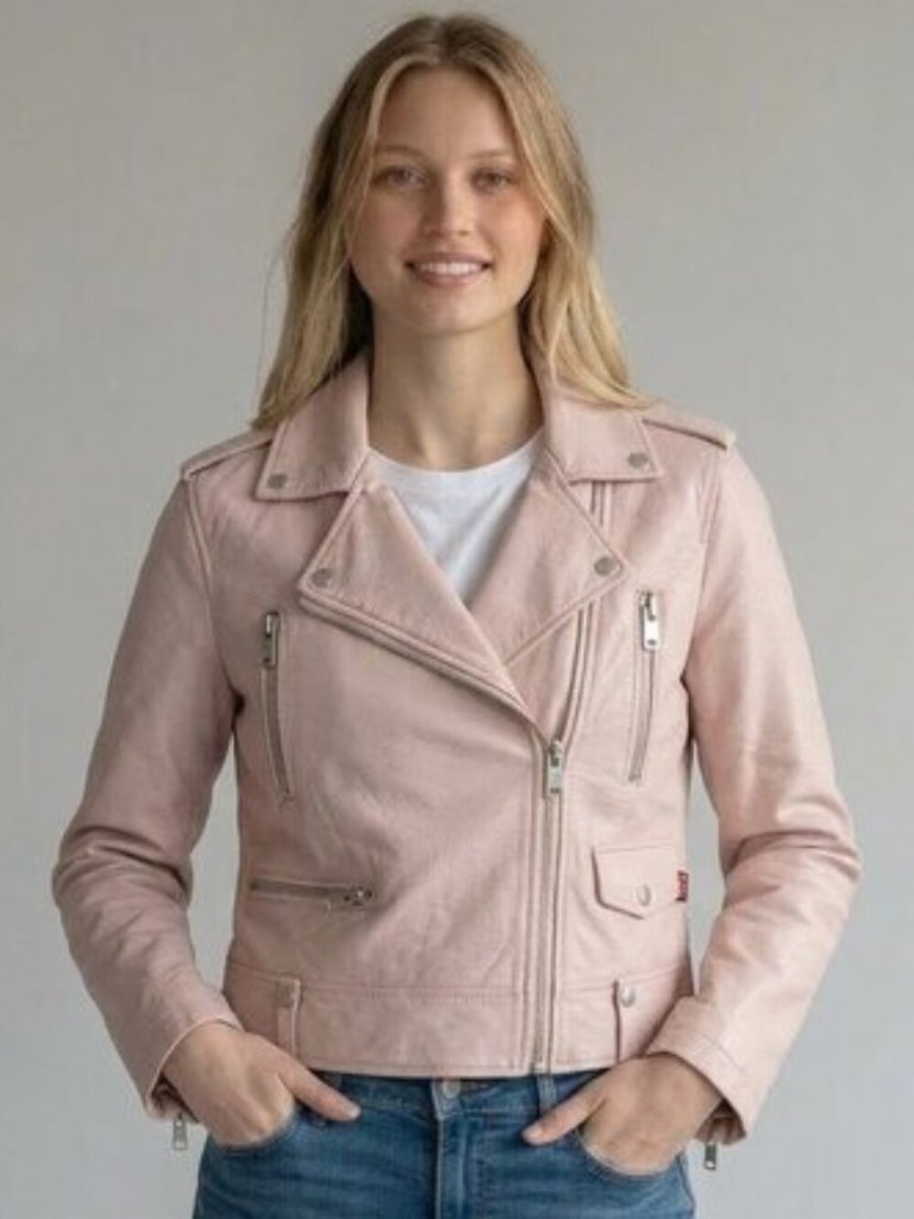 Levi's Pastel Pink Rose Faux Leather Moto Biker Cropped Jacket Women's S
